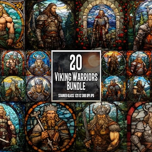 Pacchetto di 20 guerrieri vichinghi medievali in vetro colorato Illustrazione fantasy Clipart Sublimazione Design Decor Carta digitale JPG Kit diario spazzatura