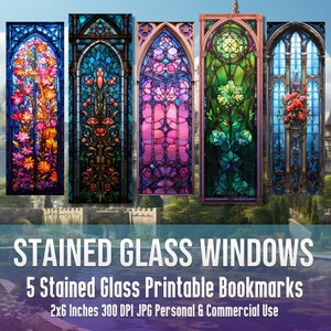 5 Vitraux Église Windows Signet Bundle Vitraux Décor Sublimation Mignon Livre Paysage Plantes Papier numérique JPG Junk Journal Kit