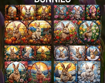 20 Stained Glass Seasonal Bunny Bundle Fall Spring Summer Winter Sublimation Design Animal Decor Digital Paper JPG Junk Journal Kit