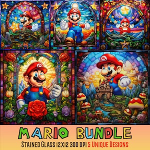 5 Vitraux Mario Bundle, PNG, Sublimation, Téléchargement numérique, Conception numérique, Imprimable, Jeu vidéo, Fantastique, Arc-en-ciel, Commercial Gratuit