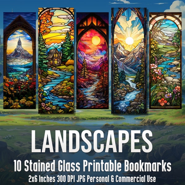 10 Stained Glass Cute Landscape Bookmark Bundle Stained Glass Decor Sublimation Design Mug Decor Digital Paper JPG Sunset Junk Journal Kit