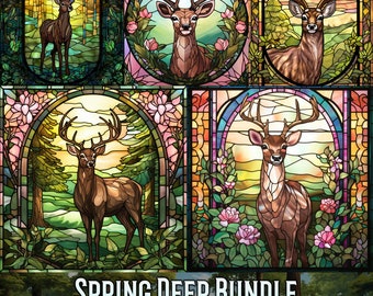5 Stained Glass Spring Deer Bundle Stained Glass Clipart Cute Sublimation Design Seasonal Spring Decor Digital Paper JPG Junk Journal Kit
