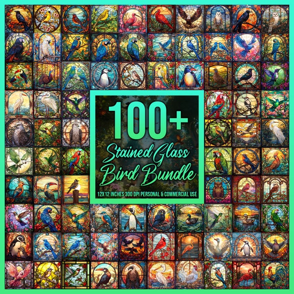 100+ Stained Glass Bird Bundle Tumbler Sublimation Printables Stained Glass Decor Bird Clipart Junk Journal Instant Download Commercial Use