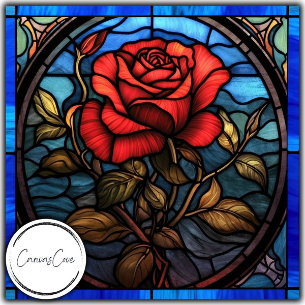 Stained Glass Red Rose, Sublimation, PNG, Digital Download, Digital Design, Printable, Gift, Forest, Love, Flowers, Cute, Commercial Free