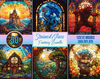 50 Stained Glass Fantasy BUNDLE - Sublimation, PNG, Digital Download, Digital Design, Printable, Commercial Free