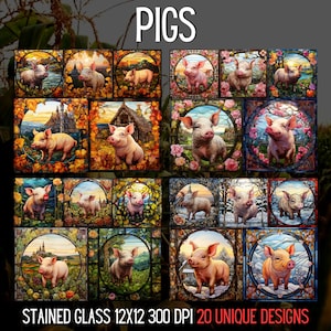 May include: Twenty stained glass designs featuring pigs in various poses and settings. Each design is 12x12 inches and 300 DPI. The designs include a pig in a snowy landscape, a pig in a field of flowers, and a pig in a forest.
