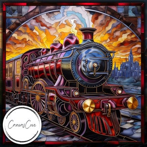 Gebrandschilderd glas Hogwarts Express, PNG, Sublimatie, Digitale download, Digitaal ontwerp, Afdrukbaar, Betoverde trein, Cadeau, Film, Commercieel gratis