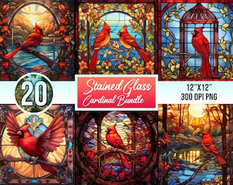 20 Stained Glass Red Cardinal BUNDLE - Sublimation, PNG, Digital Download, Digital Design, Printable, Red Bird, Commercial Free