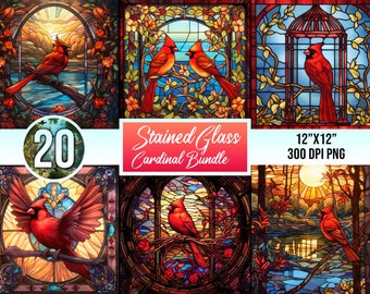 20 Stained Glass Red Cardinal BUNDLE - Sublimation, PNG, Digital Download, Digital Design, Printable, Red Bird, Commercial Free