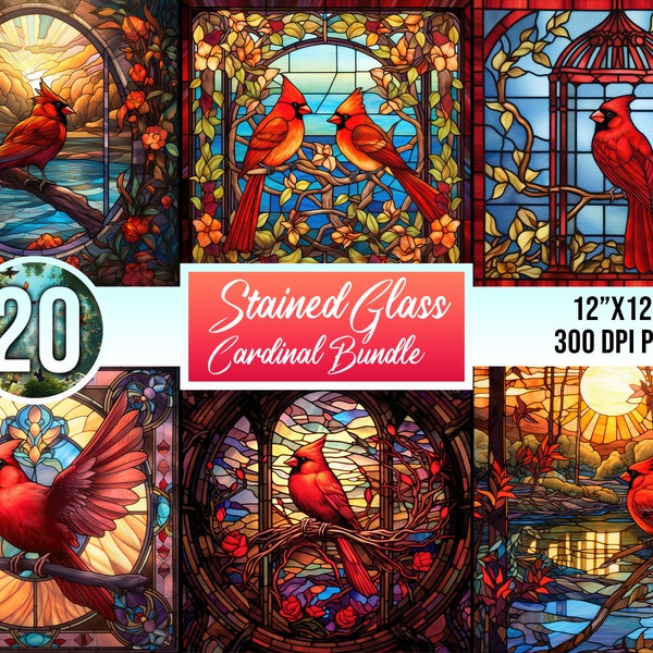 20 Stained Glass Red Cardinal BUNDLE - Sublimation, PNG, Digital Download, Digital Design, Printable, Red Bird, Commercial Free