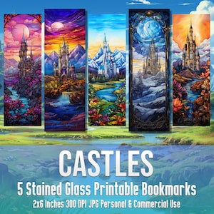 Lot de 5 marque-pages château fantastique en vitrail, décoration de vitrail, livre design sublimation, décoration de paysage, papier numérique JPG, journal indésirable