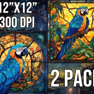 May include: Two 12" x 12" stained glass images of a blue and yellow macaw perched on a branch. The images are set against a background of green leaves and a sunset. The text "2 PACK" is printed below the images.