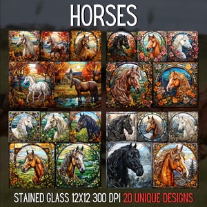 20 Stained Glass Seasonal Horse Bundle Fall Spring Summer Winter Sublimation Design Animal Decor Digital Paper JPG Farm Junk Journal Kit