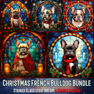 5 Glasmalerei Weihnachten Französische Bulldogge Glasmalerei Clipart Sublimation Design Glasmalerei Weihnachten digitales Papier JPG Junk Journal Kit