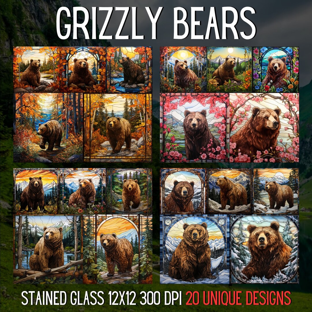 20 Stained Glass Seasonal Grizzly Bear Bundle Fall Spring Summer Winter ...