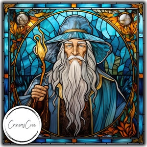 May include: A stained glass style illustration of a wizard with a long white beard and blue robes holding a staff with a flame at the top. The background is a blue and orange stained glass design.