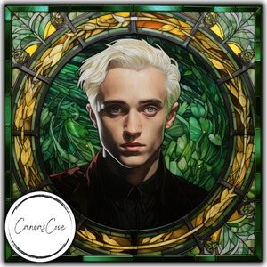 May include: A portrait of a person with platinum blonde hair and pale skin, set within a stained-glass style frame. The frame features green and gold botanical elements. The person is wearing a black shirt. The Canvas Cove logo is in the lower left corner.