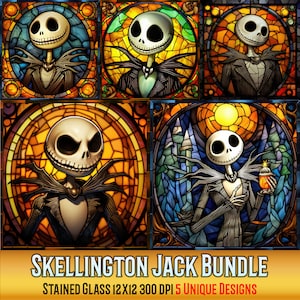 May include: A bundle of five unique stained glass designs featuring Jack Skellington from The Nightmare Before Christmas. Each design showcases Jack in various poses, set against colorful backgrounds. The text at the bottom reads "SKELLINGTON JACK BUNDLE STAINED GLASS 12X12 300 DPI 5 UNIQUE DESIGNS."