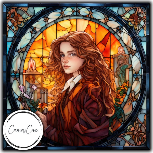 Stained Glass Wizard Hermione, JPG, Sublimation, Digital Download, Digital Design, Printable, October, Magic, Spells, Commercial Free