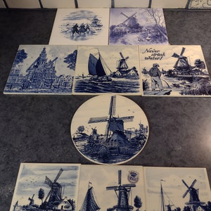 Vintage Delft Blue Porzellanfliesen 4er-Set handbemalte holländische Keramikwanddekor Traditionelle blaue und weiße Fliesen Sammlerstück Hauskunst