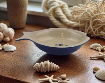 Appolia France Fish Baking Dish • Cream Blue Ceramic • Vintage Oven to Table Coastal Cookware