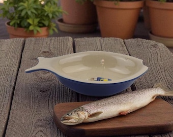 Appolia France Fish Baking Dish • Cream Blue Ceramic • Vintage