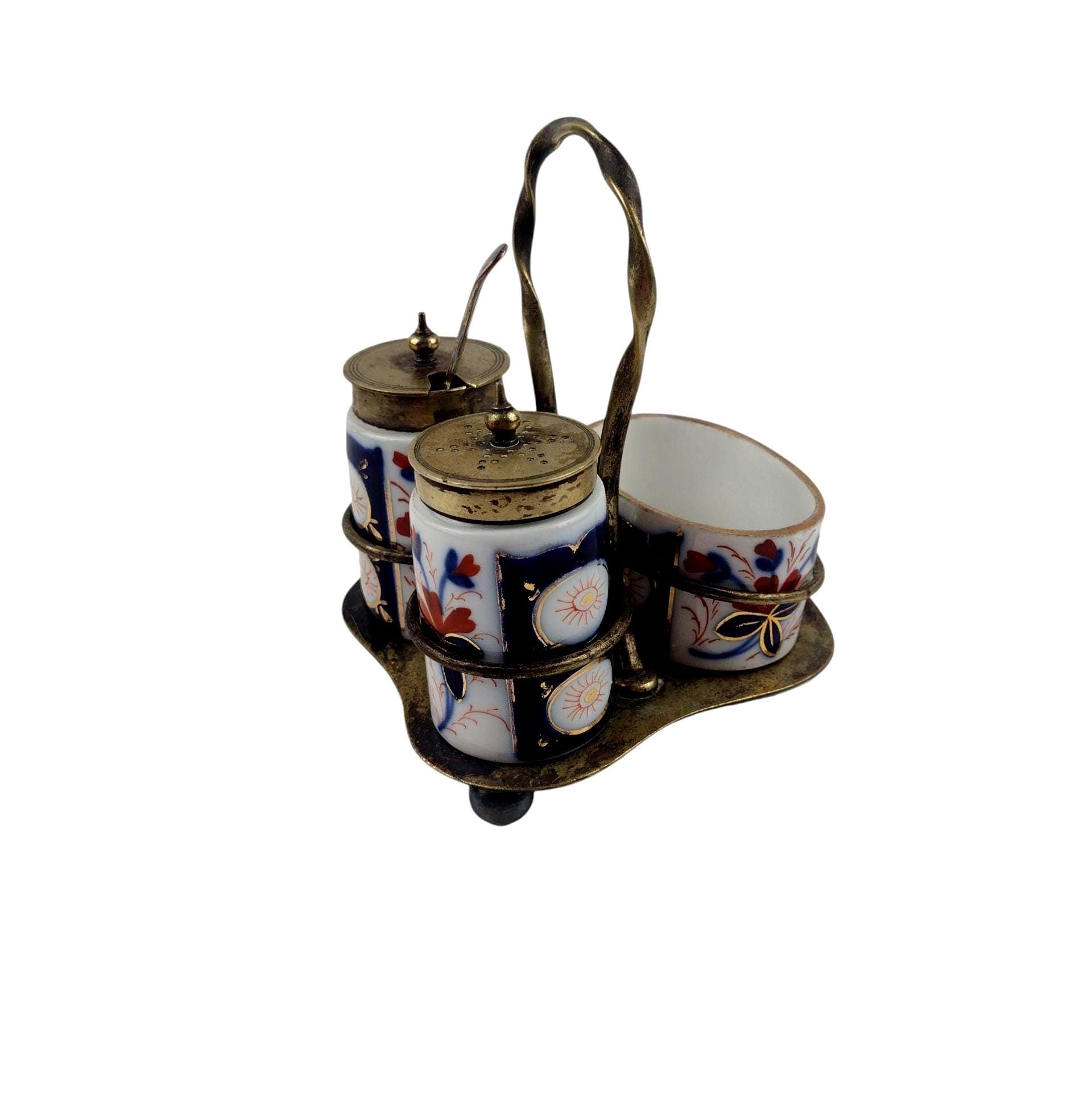 アンティーク缶セット Ovaltine, Epsom Salt, Premiu Vintage EPNS Silver Plate Cruet Set • Imari Porcelain Jars • 1930s