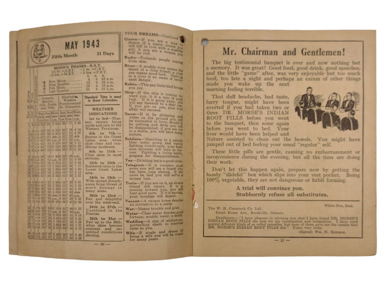 Może przedstawiać: Strona vintage'owego kalendarza na maj 1943 z prognozą pogody i świadectwem dla Dr. Morse's Indian Root Pills. Tekst na stronie brzmi: "Panie Przewodniczący i Panowie!" i "Pr&oacute;ba przekona cię. Uporczywie odmawiaj wszystkich zamiennik&oacute;w."