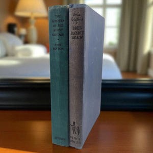 Op de afbeelding: Twee vintage boeken, "The Mystery of the Burnt Cottage" en "Brer Rabbit Again", staan naast elkaar. Het eerste boek is teal, het tweede grijs. De titels en de naam van de auteur zijn zichtbaar op de ruggen. De boeken staan op een houten oppervlak.