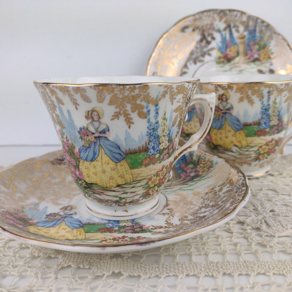 Two Matching Vintage Crinoline Lady Pattern with Gold Chintz Overlay, Two Cups and Saucers, Colclough Bone China 1940s, Tea Party Elegance