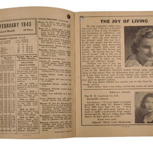 Może przedstawiać: Strona vintage'owego kalendarza na luty 1943 z informacjami pogodowymi i sekcją o "Radości życia", w kt&oacute;rej zamieszczono świadectwo na temat tabletek indyjskich Dr. Morse'a. Tekst podkreśla korzyści płynące z tabletek dla zdrowia układu pokarmowego i og&oacute;lnego samopoczucia.