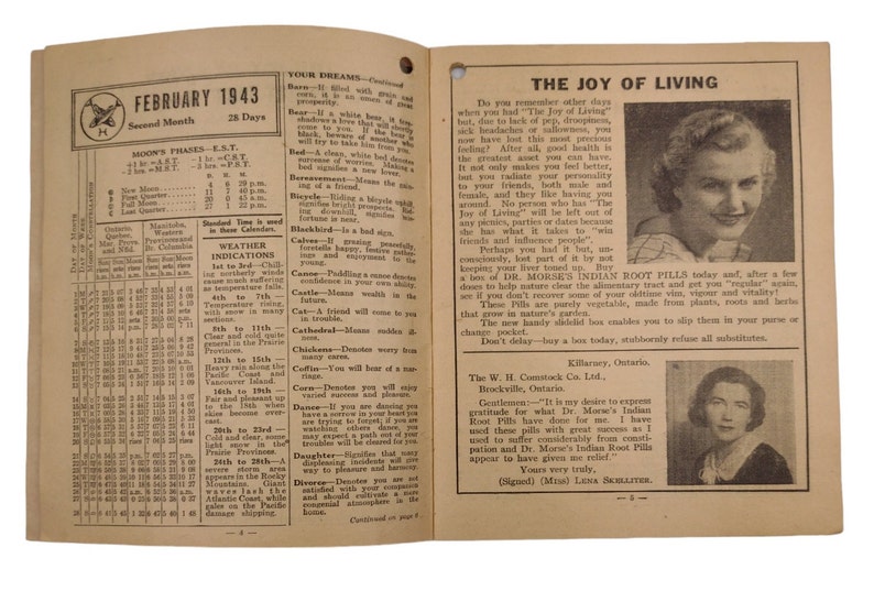 Może przedstawiać: Strona vintage'owego kalendarza na luty 1943 z informacjami pogodowymi i sekcją o "Radości życia", w kt&oacute;rej zamieszczono świadectwo na temat tabletek indyjskich Dr. Morse'a. Tekst podkreśla korzyści płynące z tabletek dla zdrowia układu pokarmowego i og&oacute;lnego samopoczucia.