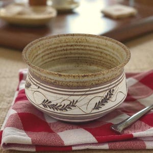 Vintage 1970s Signed Studio Pottery Bowl Wheat Design Rustic Farmhouse Stoneware Artisan Kitchenware Handmade Collectible Casserole Gift