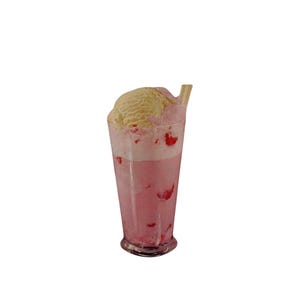 May include: A glass of pink milkshake topped with vanilla ice cream and a straw. The drink has a frothy appearance and contains red fruit pieces. The glass is clear, and the background is white.