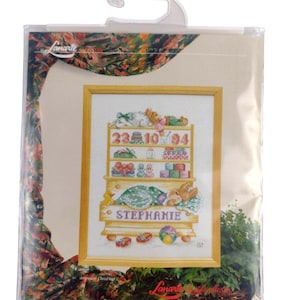 Lanarte counted cross stitch kit 15529A birth announcement bunny and toys vintage lifestyle collection designed by Christl Vogl OOP