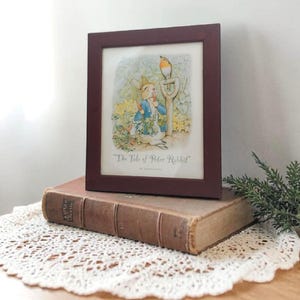 May include: A framed print of "The Tale of Peter Rabbit" featuring a rabbit in a blue jacket holding a carrot, with a bird perched above. The frame is a dark reddish-brown, resting on a vintage book and a lace doily.