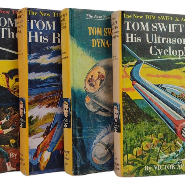 Tom Swift Jr. avonturen vintage boeken, zijn ultrasone cycloplane, de Phantom Satellite, zijn raketschip, zijn DYNA-4 capsule