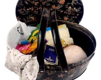 Antique Black Tin Sewing Box With Contents Vintage Portable Sewing Kit Notions Storage Collectible
