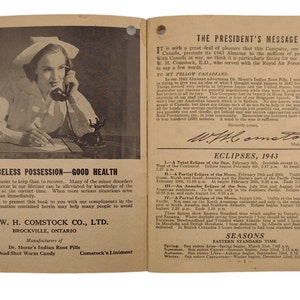 Może przedstawiać: Antyczny almanach z 1943 roku firmy The W.H. Comstock Co., Ltd. z Brockville, Ontario, Kanada. Na okładce znajduje się czarno-białe zdjęcie pielęgniarki rozmawiającej przez telefon. Wewnątrz znajdują się informacje o zaćmieniach, porach roku i przesłaniu prezydenta.