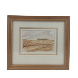 S. Larsen Signed Framed Print, Farm Building and Harvested Field, 1986, Sepia Tones