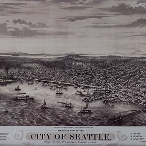 Vogel-Perse-Ansicht Stadt Los Angeles Puget Sound Washington Territory 1878 Druck Reproduktion Historische Kartographie Karte Sammler 19tes Jahrhundert