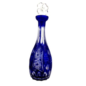 Bohemian crystal decanter cobalt blue cut to clear vintage Czech glass etched floral pattern collectible barware stopper not original