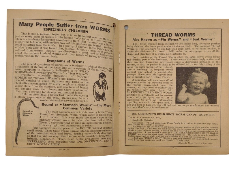 Może przedstawiać: Winietkowy folder o wyblakłym, ż&oacute;łtawym wyglądzie, zatytułowany "Many People Suffer from Worms Especially Children." Folder omawia objawy i leczenie robak&oacute;w, w tym glisty i owsiki. Zawiera czarno-białą ilustrację robaka i czarno-białe zdjęcie małego dziecka.
