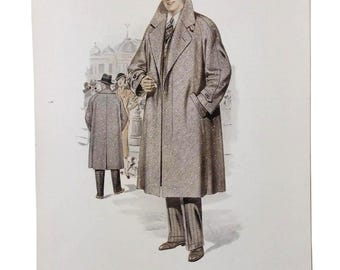 Original 1930s Art Deco Fashion Plate Mens Overcoat Illustration Tailoring Print