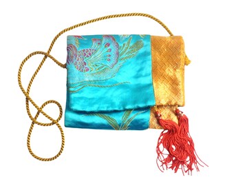 Vintage Turquoise Satin Evening Bag Gold Embroidered Clutch with Tassels