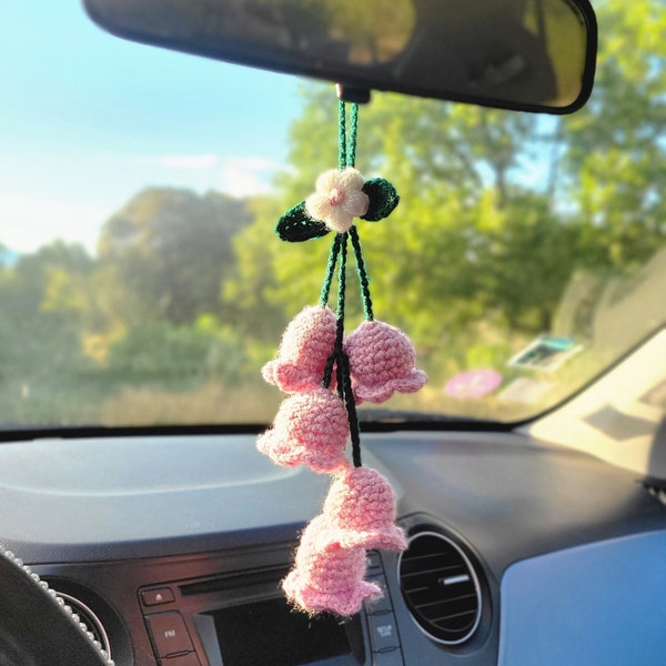 Mignon muguet accessoire voiture porte clé esthétique fleur décor crochet fait main car hanger cottage core