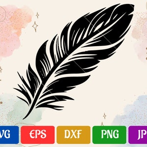 May include: A black silhouette of a single feather with a detailed design. The feather is set against a background of watercolor washes in shades of pink, blue, and green.