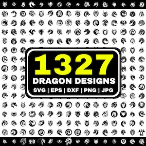 Könnte beinhalten: Ein Schwarzweißbild mit 1327 Drachen-Designs. Die Designs sind in verschiedenen Stilen gehalten, darunter traditionell, modern und abstrakt. Der Text "1327 Dragon Designs" ist in gelben Buchstaben auf schwarzem Hintergrund dargestellt. Der Text "SVG | EPS | DXF | PNG | JPG" ist unter dem Titel dargestellt.
