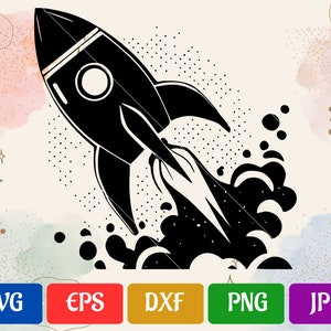 May include: Black and white illustration of a rocket ship blasting off. The rocket has a circular window and fins. The image includes the file type icons: SVG, EPS, DXF, PNG, and JPG.