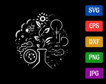 May include: A black and white illustration of a light bulb growing from a plant in a flask. The illustration is surrounded by clouds, stars, and other abstract shapes.